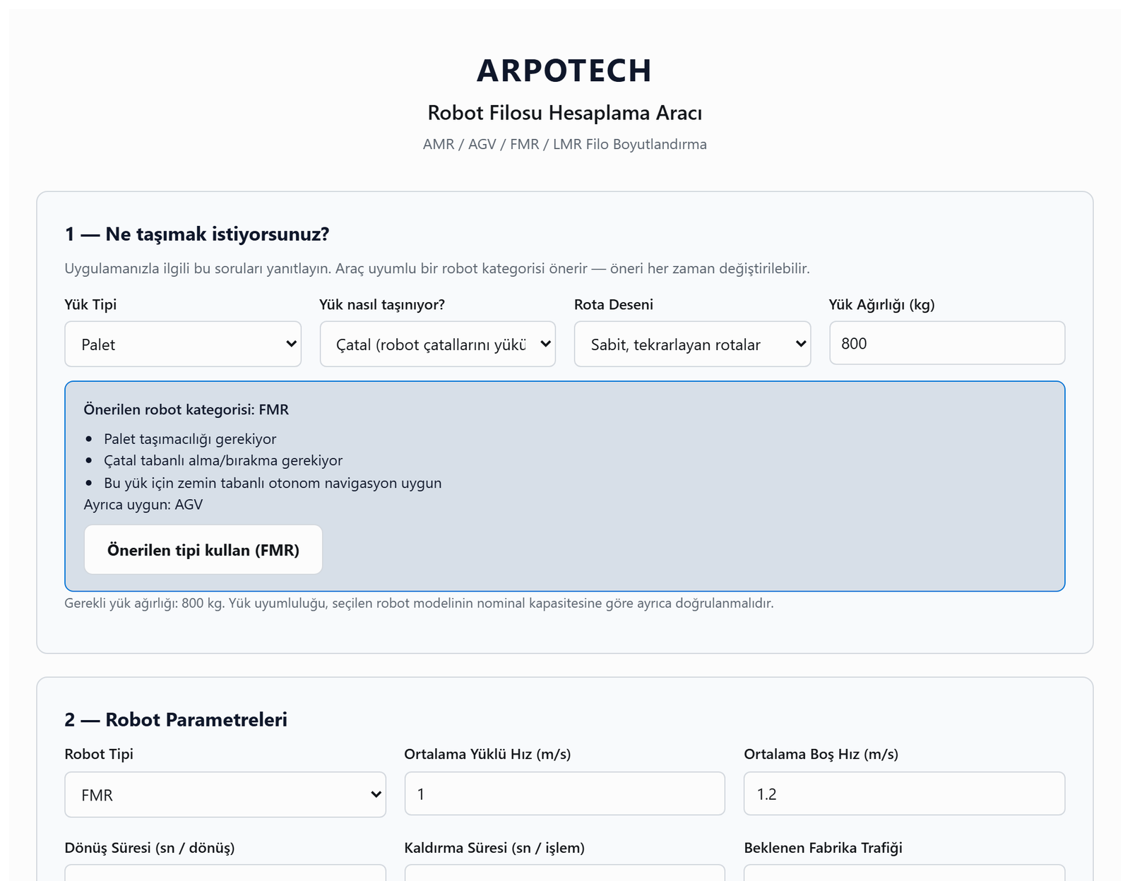 Arpotech Robot Filosu Hesaplama Aracı ekran görüntüsü